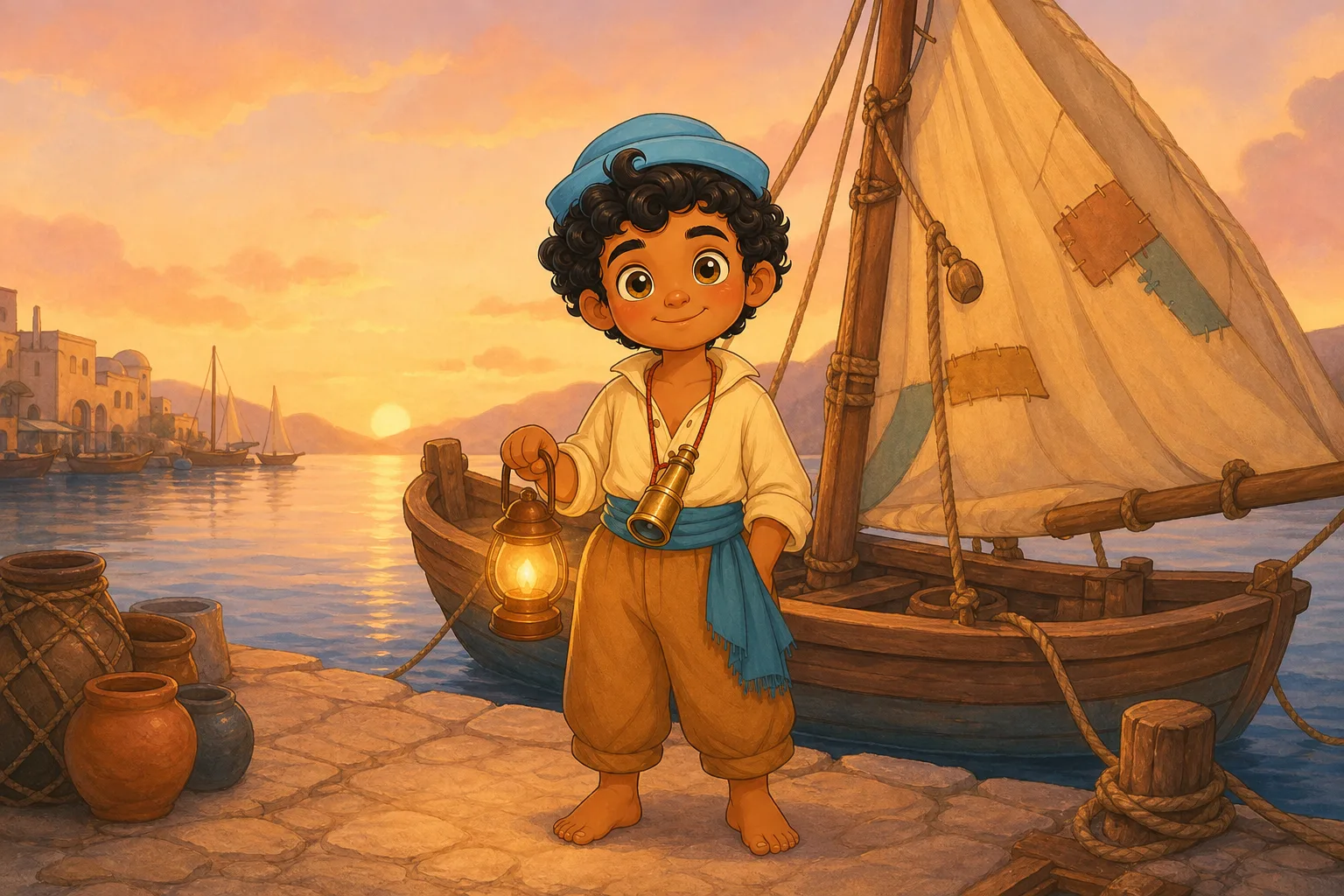 Sinbad stands by a patched-sail boat in the harbour, holding a clay lantern.