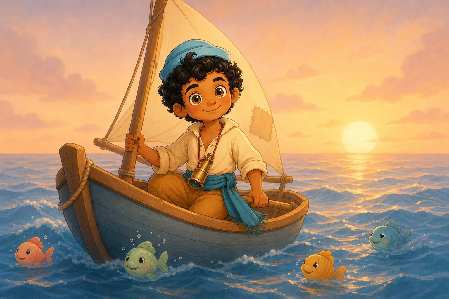 Sinbad sails a small boat on gentle waves with smiling fish bubbles at sunset.