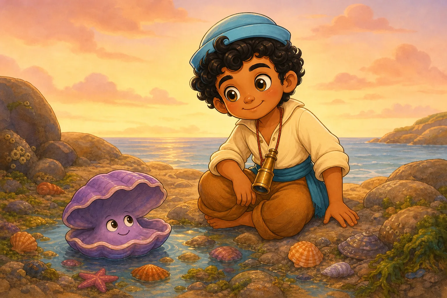 Sinbad sits kindly beside a purple clam and colorful shells in a tide pool.