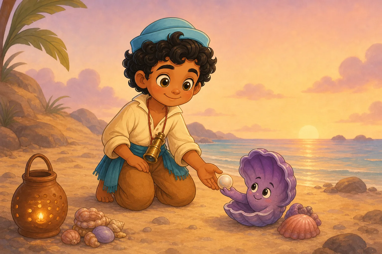 A smiling purple clam gives Sinbad a pearly shell beside neat shell piles.