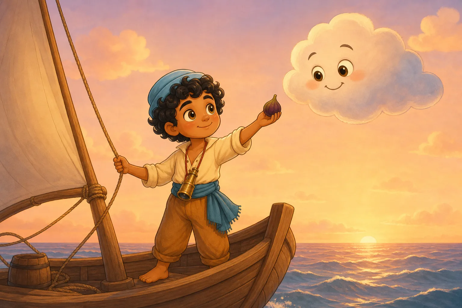 Sinbad offers a fig to a small fluffy cloud above his boat on the calm sea.