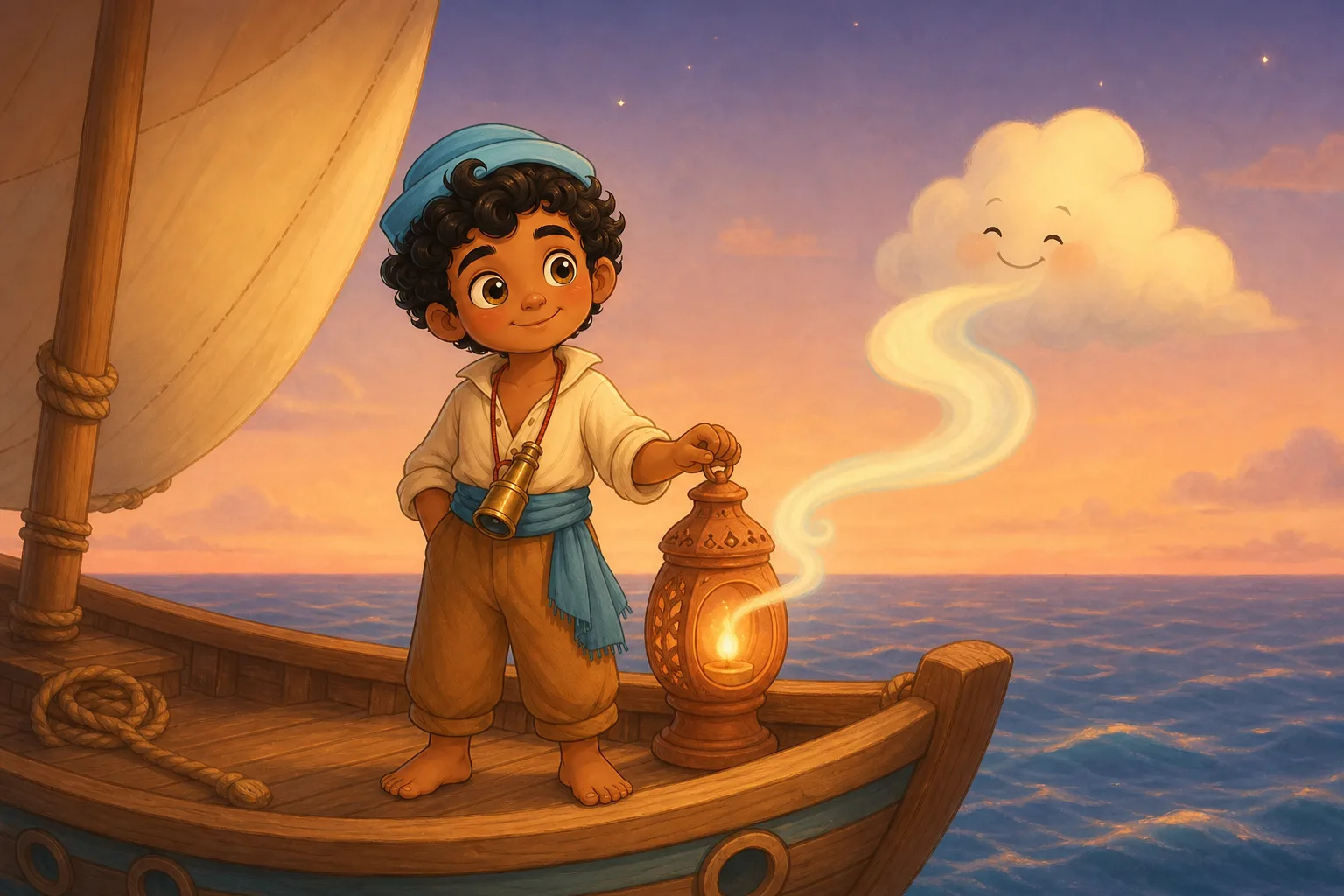 A smiling cloud sends a pale breeze ribbon into Sinbad’s clay lantern.