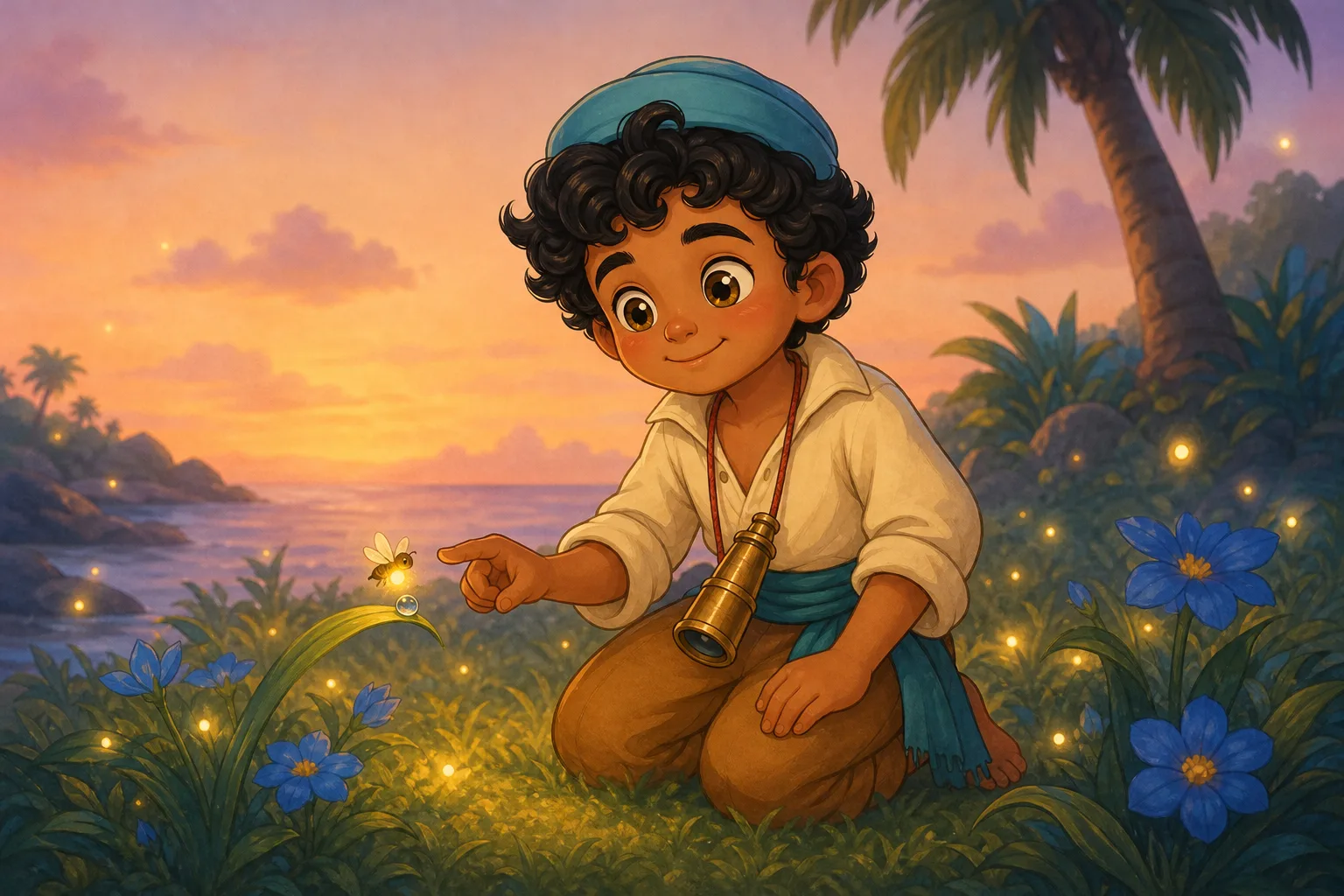 Sinbad kneels by glowing grass, blue flowers, and fireflies balancing dewdrops.