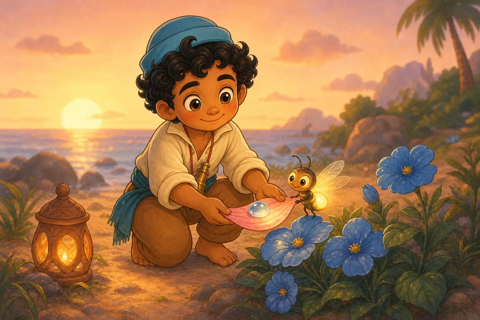 Sinbad helps a tiny firefly carry a dewdrop on a petal to blue flowers.