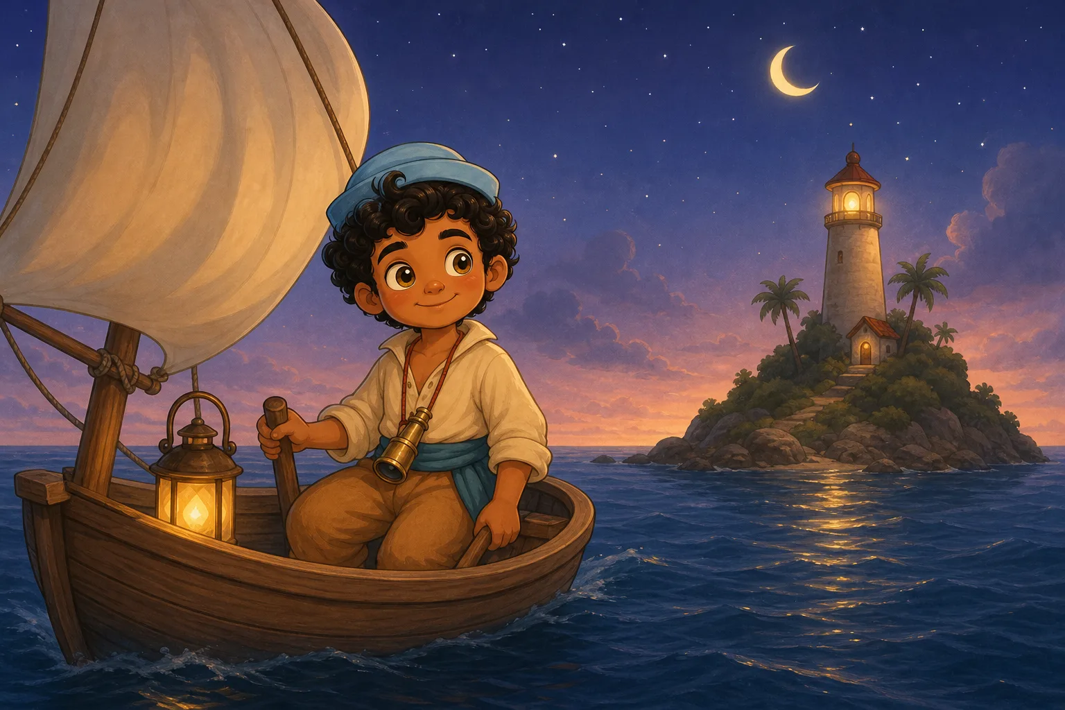 Sinbad sails at night toward a tiny lighthouse island, his boat lantern glowing.