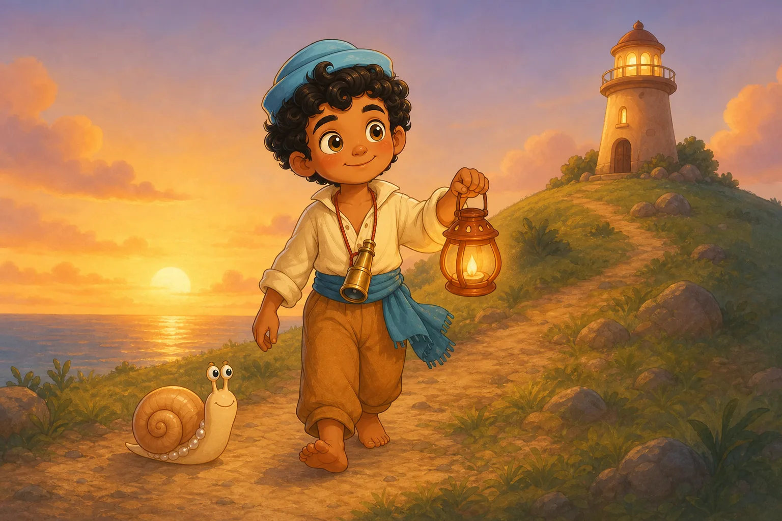 Sinbad walks with a pearly snail toward a tiny lighthouse, carrying a glowing lantern.