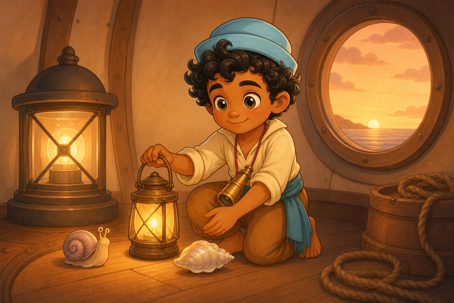 Sinbad sets a glowing lantern and pearly shell near the friendly lighthouse lamp.