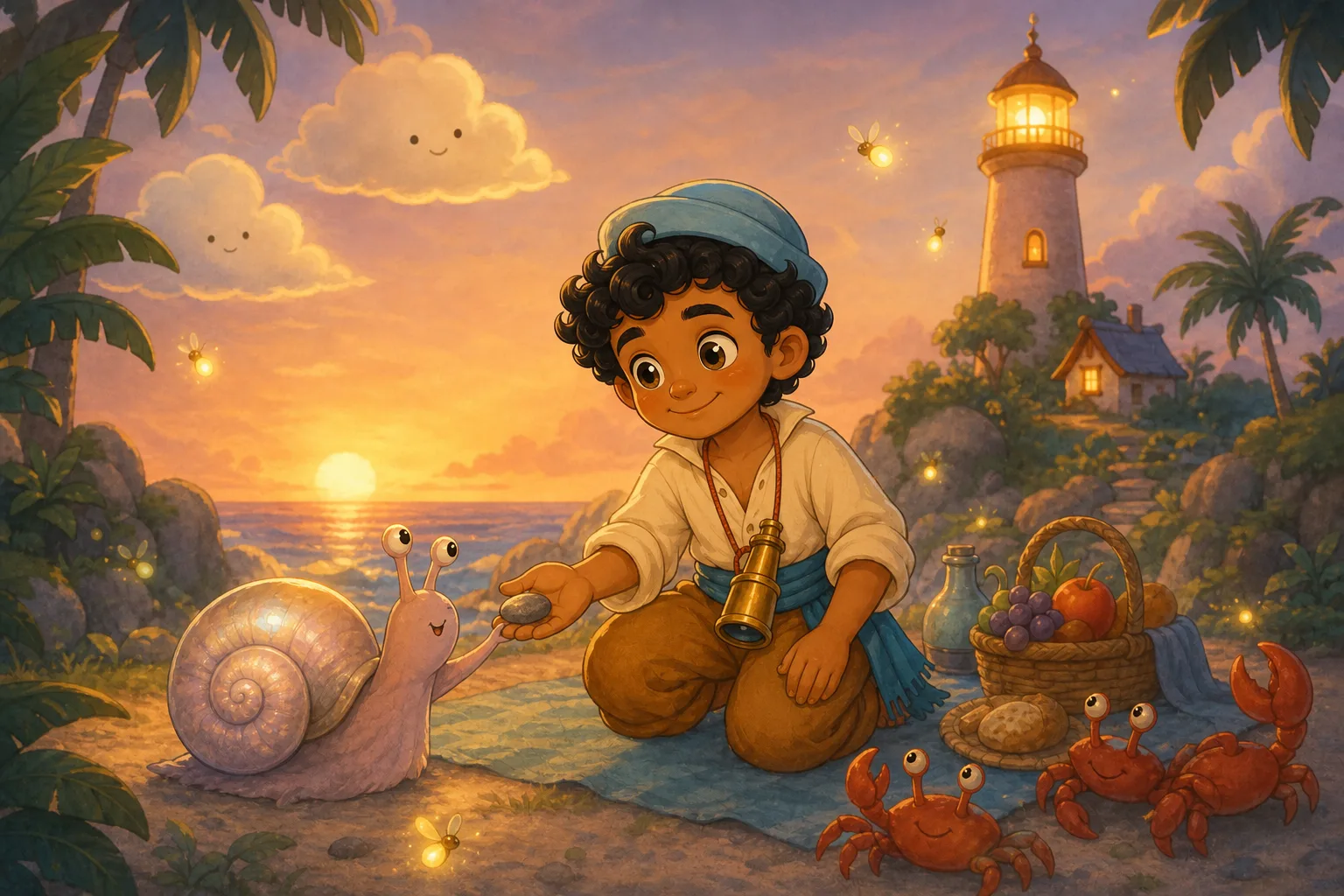 A pearly snail gives Sinbad a smooth pebble as crabs, fireflies, and a cloud gather.