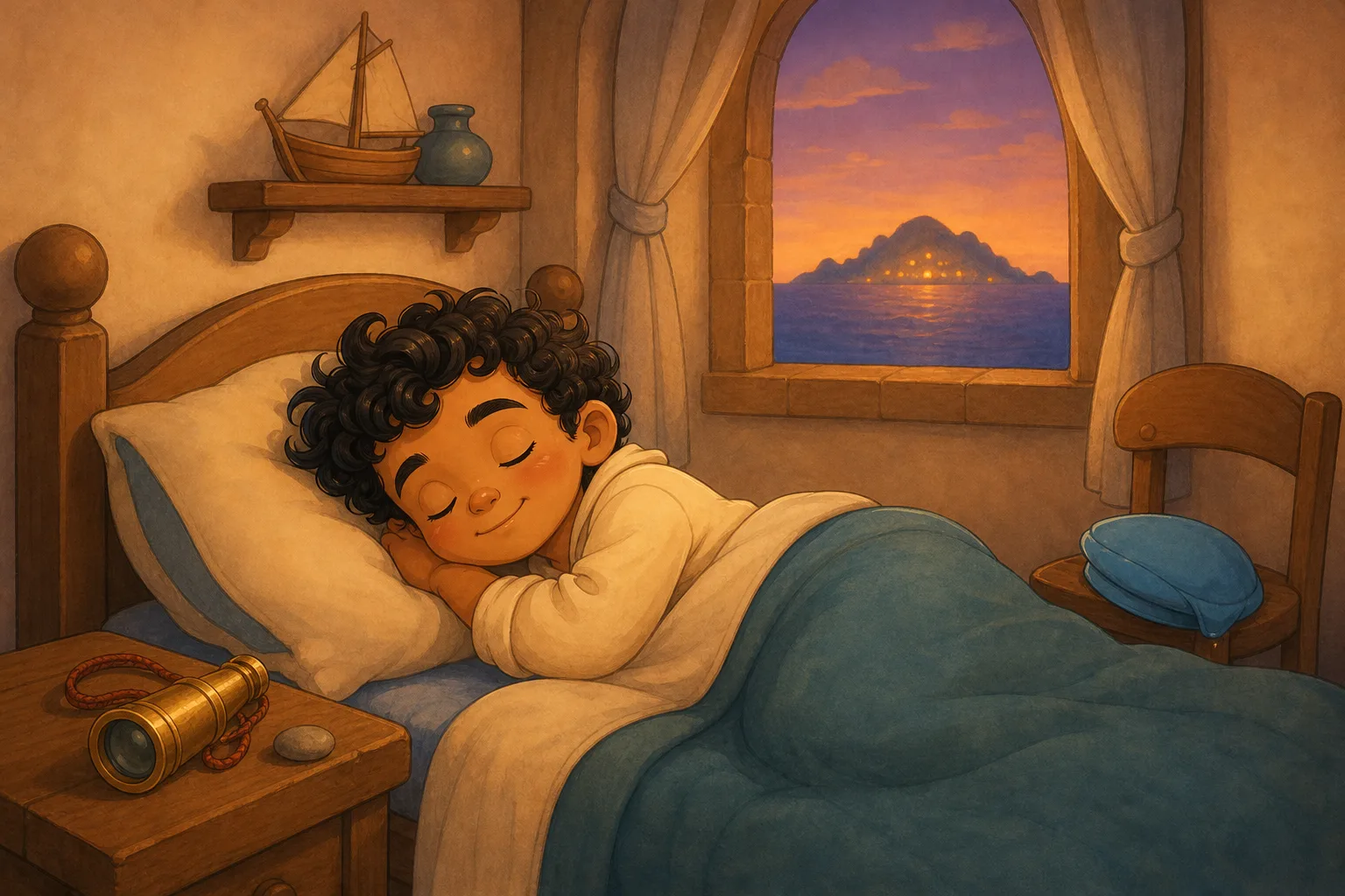 Sinbad sleeps in bed with his cap on a chair and an island glow through the window.